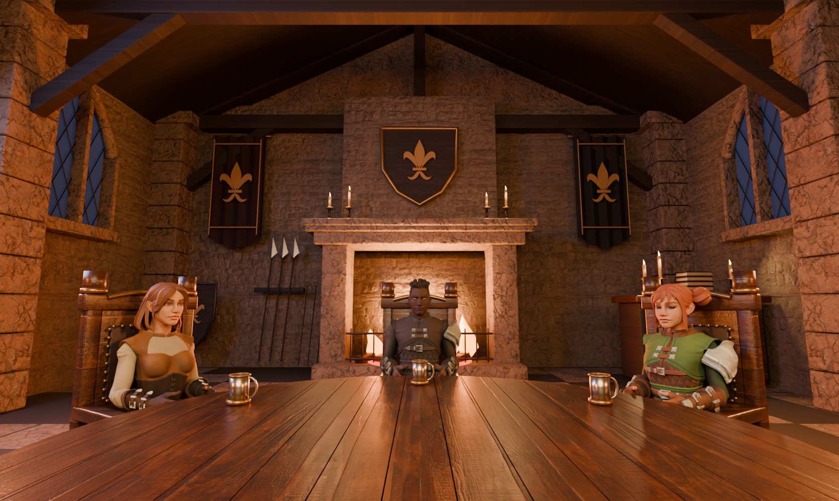 The Round Table: Rhea, Noam and Mina seated at a round oak table before a lit hearth, in a torchlit stone hall hung with banners.