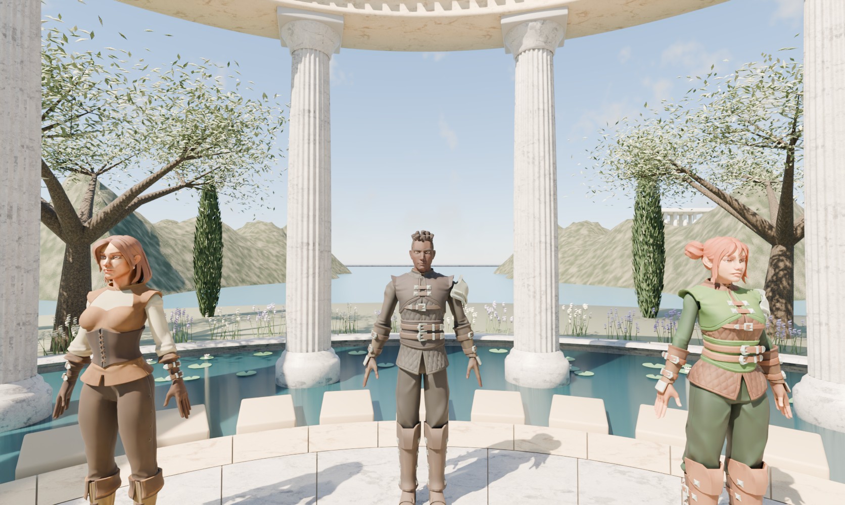 The Solarium: Rhea, Noam and Mina among pale columns beside a reflecting pool, olive trees and hills beyond, under a clear noon sky.